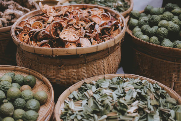 Variety of colorful Arabic spices and herbs on the arab street market stall. Dubai Grand Spice Souk, United Arab Emirates.