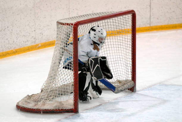 portero de hockey - ice hockey hockey puck playing shooting at goal fotografías e imágenes de stock