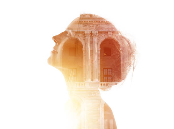 istock Multiple Exposure of young woman morphing into ancient building 1164243094