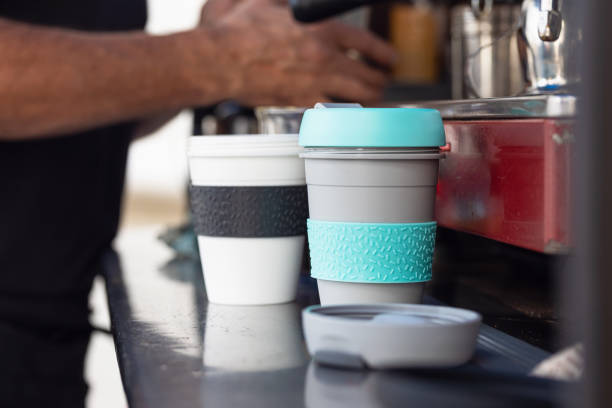 Reusable Coffee Cup Barista At Mobile Coffee Van Using Reusable Coffee Cups decaffeinated photos stock pictures, royalty-free photos & images