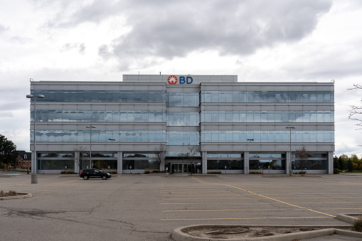 Mississauga, Ontario, Canada- October 20, 2018: BD Canada head office building in Mississauga, Ontario. Becton, Dickinson and Company (BD) is an American medical technology company.