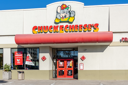 Toronto, Canada- October 29, 2018: Sign of Chuck E. Cheese’s in Toronto, Canada. Chuck E. Cheese’s is a chain of American family entertainment centers and restaurants.