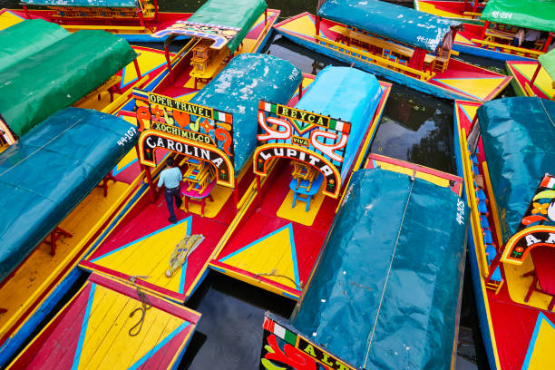Trajineras moored in Xochimilco with man on the boat Xochimilco, Mexico City, June 25, 2019 - Trajineras moored in Nativitas Embarcadero with one man on the boat. Group of boats in Xochimilco canal. trajinera stock pictures, royalty-free photos & images