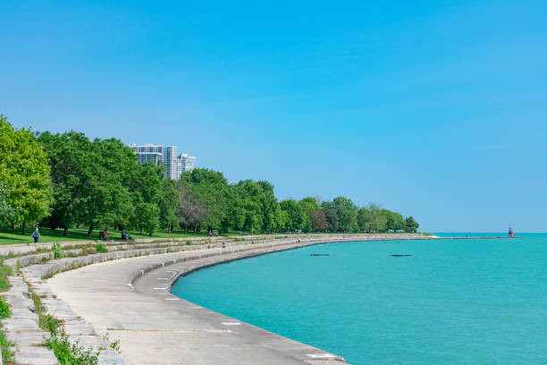 Lakefront Trail with Green Trees during Summer and Lake Michigan The Lakefront Trail in Edgewater Chicago with Lake Michigan and green trees during summer north photos stock pictures, royalty-free photos & images