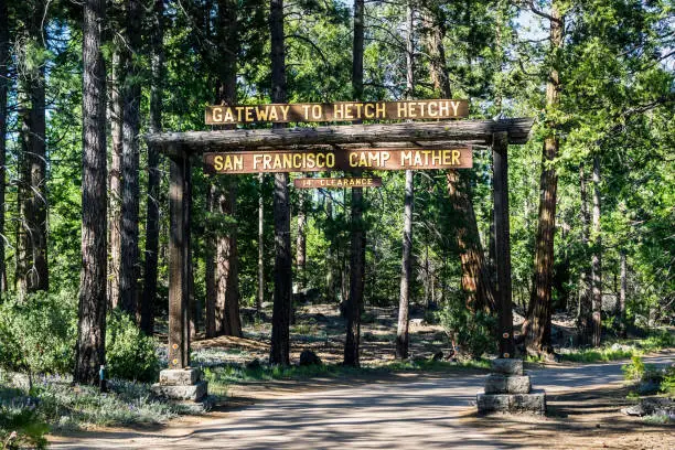 Entrance to Camp Mather, managed by San Francisco Recreation & Parks Department; the camp is located in the forests of Hetch Hetchy area, Yosemite National Park, Sierra Nevada mountains, California