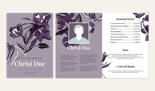 Botanical memorial and funeral invitation card template design, flowers and leaves, purple tone