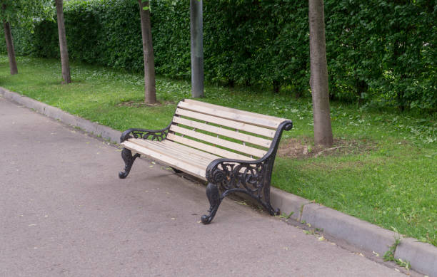 istock bench in the summer park. background, nature. 1164257915