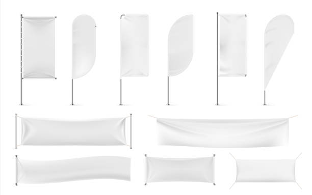 Textile banners and flags. Outdoor exhibition promotion mockup, white beach feathers and blank advertising. Vector fabric banner Textile banners and flags. Outdoor exhibition promotion mockup, white beach feathers and blank advertising. Vector modern fabric cotton cloth banner hanging signboard stock illustrations