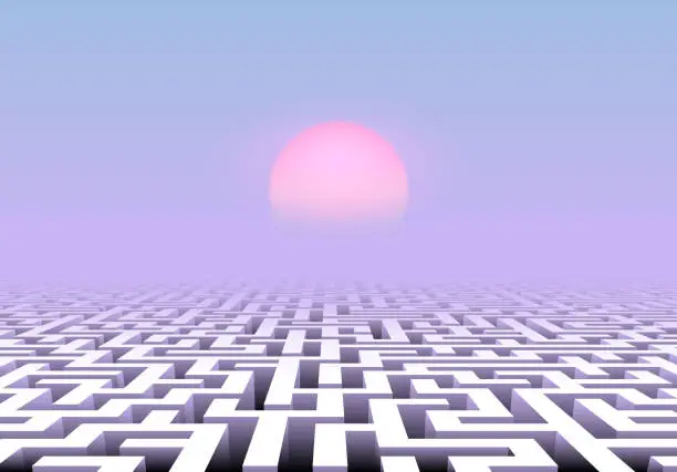 Vector illustration of Vapor wave styled scenic landscape with maze below pink and blue sky and pale sun over labyrinth