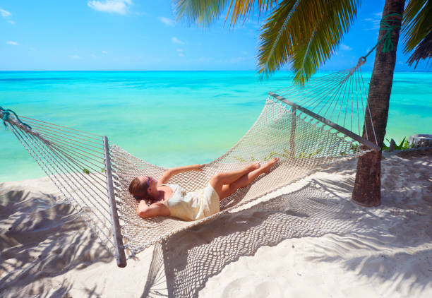 Woman is relaxing in a hammock on the beach among the palm. stock photo