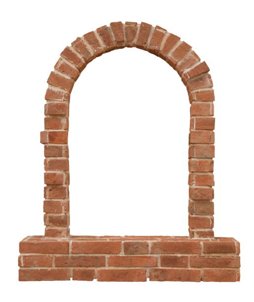 Old historical European medieval arch brick window isolated on white background for architectural design purpose