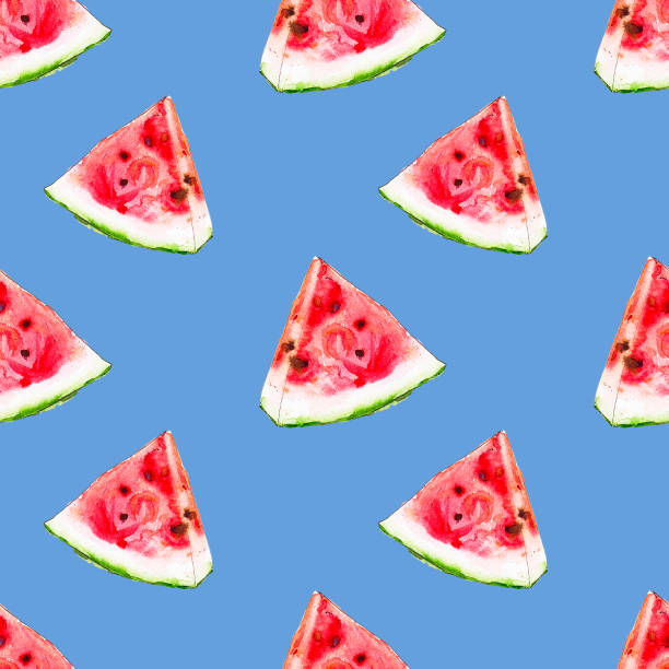 istock Watercolor seamless pattern from red juicy watermelon slicies on blue backdrop. Sketch drawing. Hand drawn food illustration. 1164265720