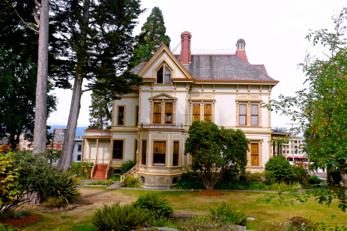 detail of old victorian painted lady on the coast of oregon