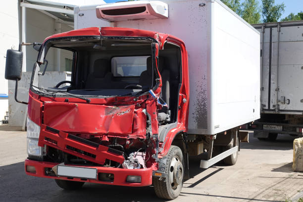 lkw nach dem unfall auf dem parkplatz. - colliding stock-fotos und bilder