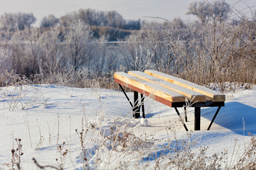 A wooden bench stands on the bank of the river on a bright sunny winter day. Close-up. Rural winter landscape.