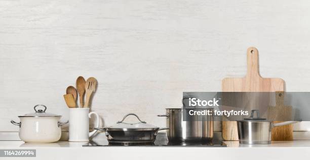 Kitchen Utensils And Stainless Steel Cookware Stock Photo - Download Image Now - Cooking Pan, Kitchen, Cooking