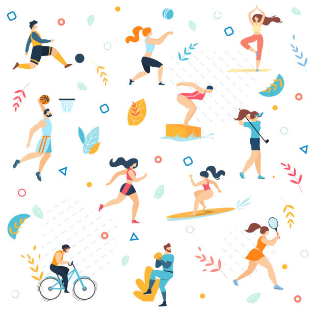 ilustrações de stock, clip art, desenhos animados e ícones de summer sport activities seamless pattern, print - female muscular build athlete exercising