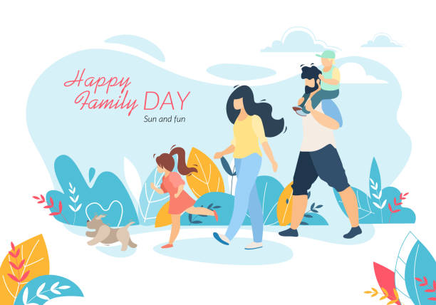 Happy Family Day Banner, Outdoor Walking with Kids Happy Family Day Horizontal Banner, Mother, Father, Daughter and Son Walking with Pet Outdoors, Little Boy Sitting on Dad Shoulders, People Relaxing Together in Park, Cartoon Flat Vector Illustration family vacation stock illustrations