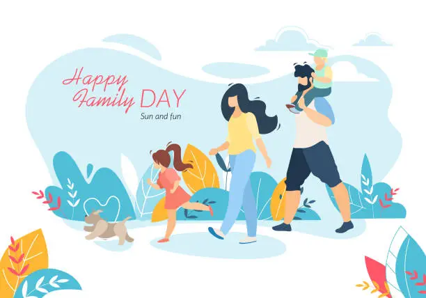 Vector illustration of Happy Family Day Banner, Outdoor Walking with Kids