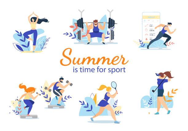 летнее время спортивные мероприятия установить изолированы на белом - muscular build athlete tennis women stock illustrations