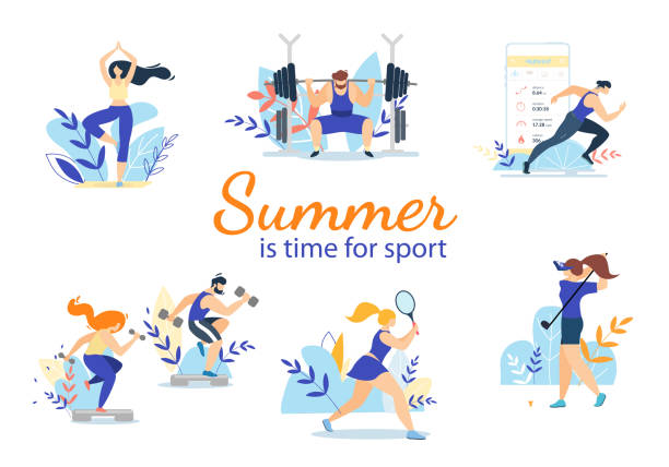 Summer Time Sport Activities Set Isolated on White Summer Time Sport Activities Set Isolated on White Background. Sportsmen, Sportswomen Characters Workout. Athletics, Gymnastics Exercises, Golf, Bodybuilding, Tennis. Cartoon Flat Vector Illustration professional runner stock illustrations