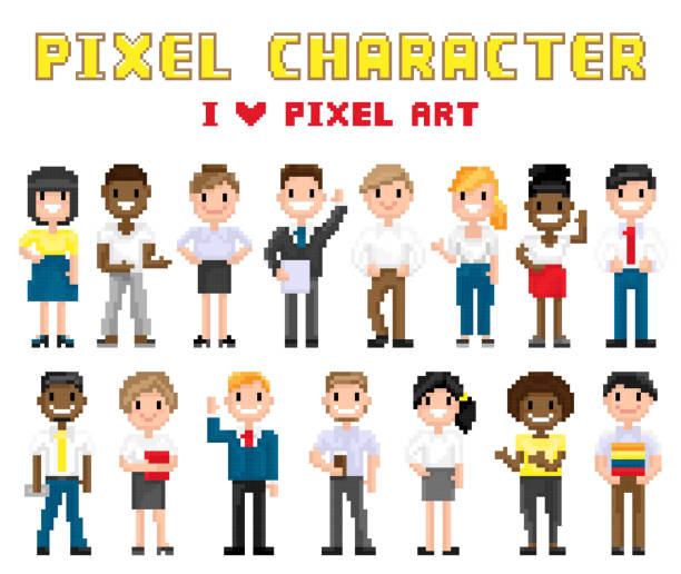 Ð¿Ð¸ÐºÑÐµÐ»Ñ2-3 ÐºÐ¾Ð¿Ð¸Ñ Pixel characters I love art. Isolated icons vector, poster with people smiling and waving hand friendly, 8 bit group of men and women, boy and girls pixelated illustrations stock illustrations