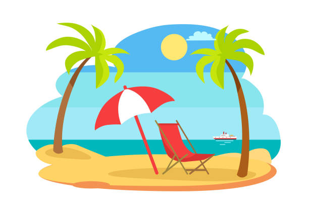 ilustrações de stock, clip art, desenhos animados e ícones de seaside seashore sunny beach vector illustration - beach tropical climate palm tree deck chair
