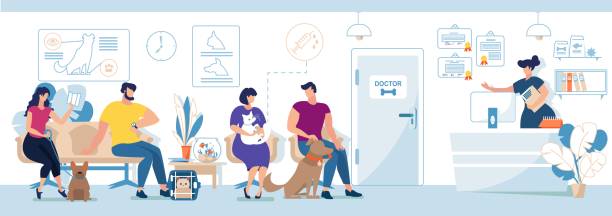 ilustrações de stock, clip art, desenhos animados e ícones de veterinary clinic visitors with pets flat vector - clínica veterinária