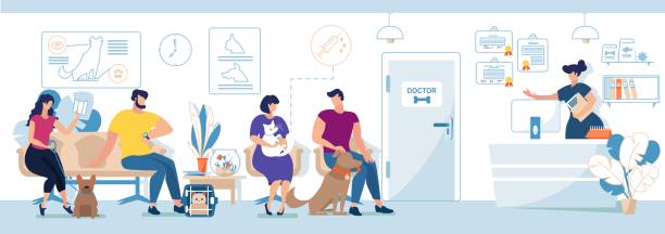 Veterinary Clinic Visitors with Pets Flat Vector Modern Veterinary Clinic Visitors with Animals Flat Vector. People with Dogs and Cats, Pets Owners Waiting for Doctor Appointment, Administrator or Nurse Registering Clients on Reception Illustration animal hospital stock illustrations