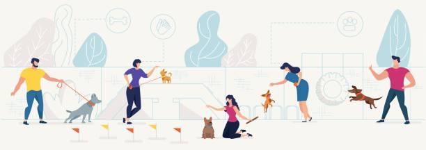Dog owners playing with pets on playground vector Dog Playground in City Park Flat Vector Concept with Male, Female Pets Owners Playing with Domestic Animals, Training, Teaching Dogs Tricks on Equipment for Animals Activities Playground Illustration person sitting on fence stock illustrations
