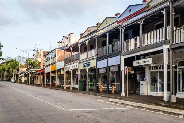 Bangalow, Byron Bay Hinterland, NSW, Australia Bangalow, Australia - September 20, 2014: Shops in Byron Street, the main street in Bangalow, a picturesque town in the  Byron Bay Hinterland in northern New South Wales, Australia byron bay stock pictures, royalty-free photos & images