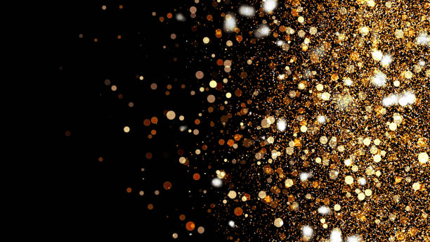 istock 3d Illustration, Small gold dust, graphics of fire flakes, particle points and yellow-orange circles at the right of the frame 1164274747