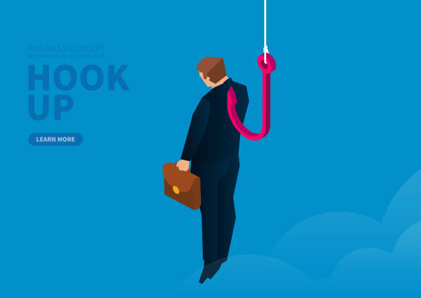 Businessman is hung in mid air by huge hook Businessman is hung in mid air by huge hook trapped fear people business stock illustrations