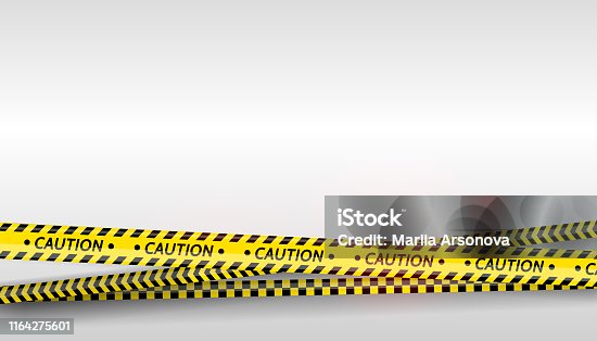 istock Black and yellow stripes set. Warning tapes. Danger signs. Caution ,Barricade tape, Do not cross, police, scene barrier tape. Vector flat style cartoon illustration 1164275601