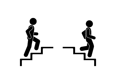 Upstairs-downstairs icon sign. Walk man in the stairs. Man walking up the steps stick figure pictogram.