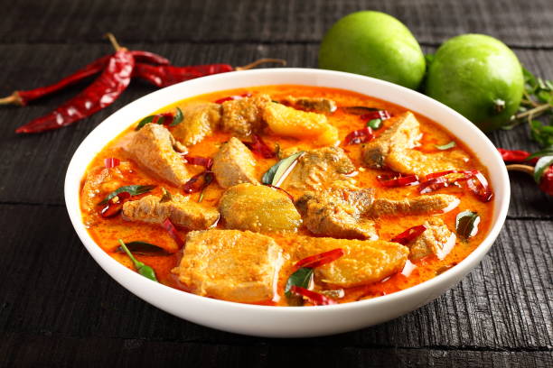 Indian cuisine spicy fish curry in sauce