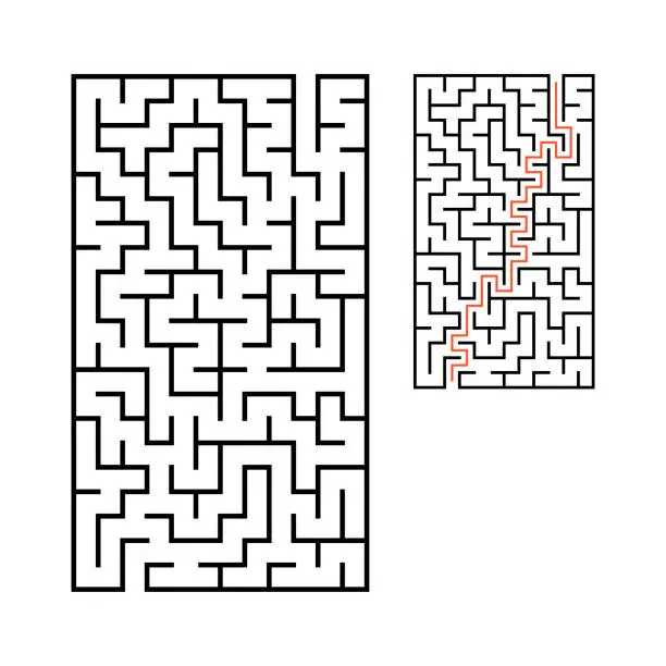 Vector illustration of Abstract rectangular maze. Game for kids. Puzzle for children. One entrance, one exit. Labyrinth conundrum. Flat vector illustration isolated on white background. With answer.