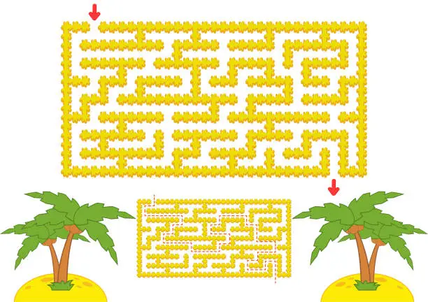 Vector illustration of Color rectangular maze. Yellow beach with palm trees in cartoon style. Game for kids. Puzzle for children. Labyrinth conundrum. Flat vector illustration isolated on white background. With the answer.