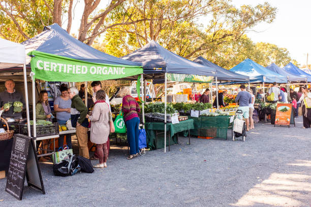 byron bay farmers market, byron bay, nuovo galles del sud, australia - farmers market foto e immagini stock