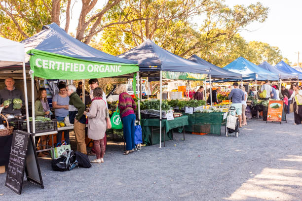 Byron Bay Farmers Market, Byron Bay, New South Wales, Australia Byron Bay, Australia - September 17, 2014:  Various stalls selling goods at Byron Bay Farmers Market, Byron Bay, New South Wales, Australia byron bay stock pictures, royalty-free photos & images
