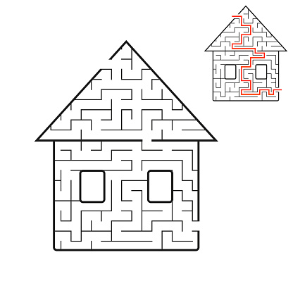 Maze is a nice house. Game for kids. Puzzle for children. Cartoon style. Labyrinth conundrum. Black and white vector illustration. With answer. The development of logical and spatial thinking