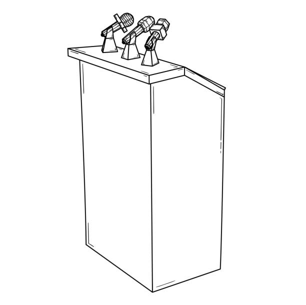 podium for political speech with microphones Wooden podium for political speech with microphones for journalist. Sketch of the illustration. Black simple outline illustration on white background. government drawings stock illustrations