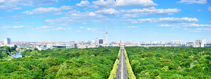 Panoramic shot skyline of Berlin over the Tiergarten park in summer