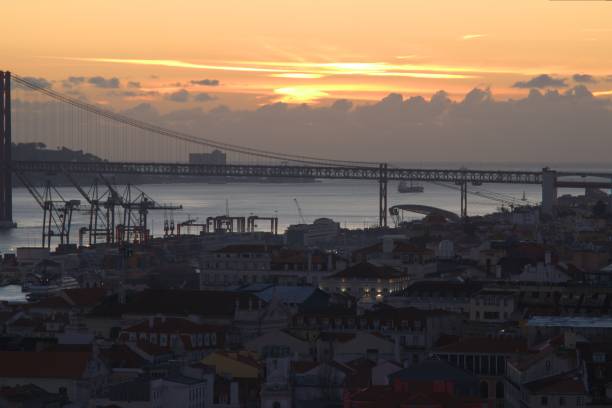 View of Lisbon and the 25th of April Bridge at Sunset stock photo