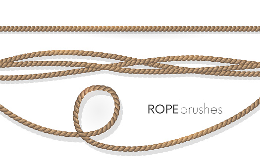 Realistic fiber ropes. Rope brushes .Jute twisted cords with loops isolated on white background. Decorative elements with brown packthread.vector