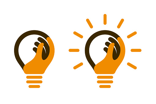 Bulbs with human hand and light beams. Creative idea icons.