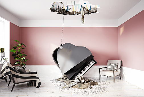 broken ceiling and falling piano. 3d rendering concept