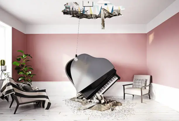 Photo of broken ceiling and falling piano