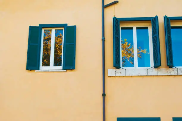 Two windows with dark-green shutters on a plain yellow wall. Reflection of blue sky and yellow tree branches. Rome, Italy