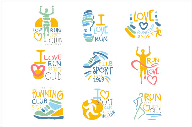 Vetor de Running Sport Club Logo Set, I Love Run Retro Hand Drawn